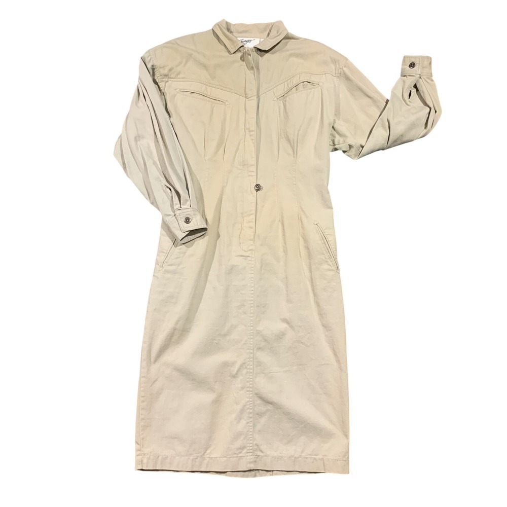 Changes‎ Tan Beige Cotton Utility Safari Midi Dress Zip Front Womens Size 10